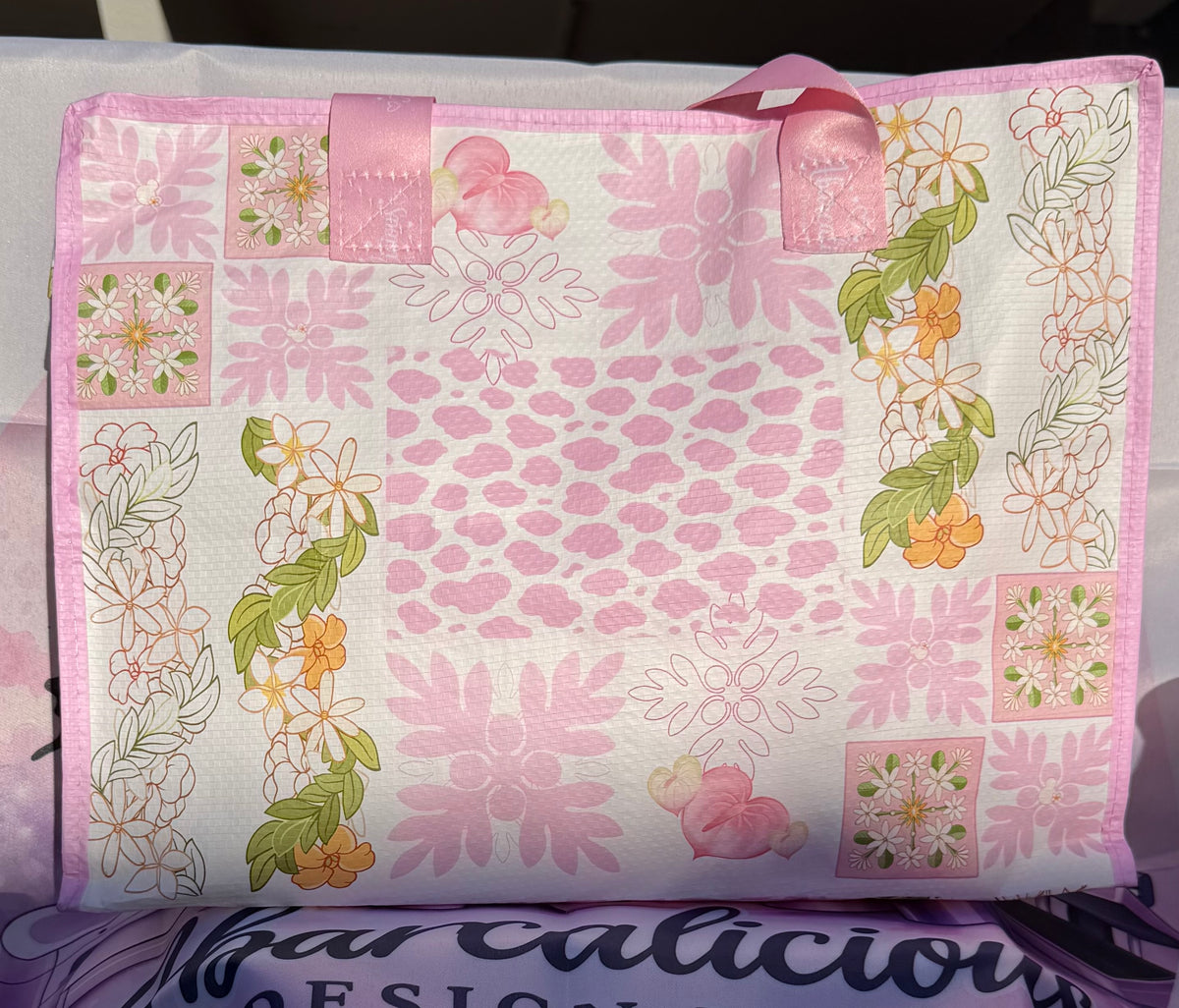 Pink flower quilt reusable bag